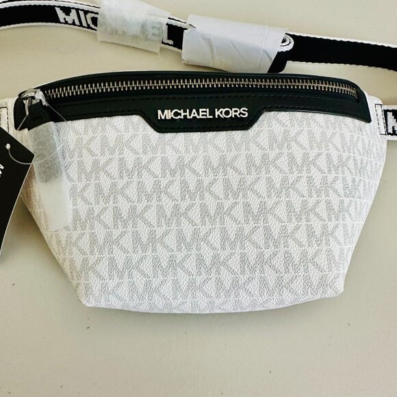 MICHAEL KORS MK SIGNATURE LOGO COOPER BELT BAG BRIGHT WHITE UNISEX - Picture 3 of 15